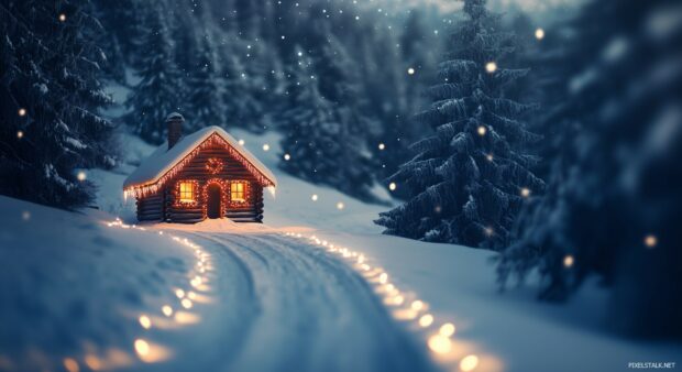 A serene snowy landscape with a small cabin adorned with Christmas lights.