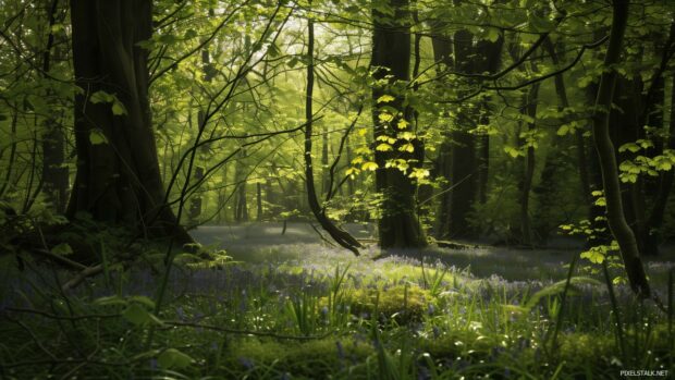 A serene spring forest background with fresh green leaves and a carpet of bluebells.