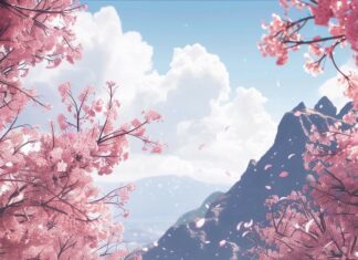 A serene spring morning phone wallpaper with cherry blossom trees in full bloom.