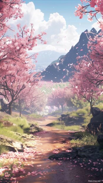 A serene spring morning phone wallpaper with cherry blossom trees in full bloom.