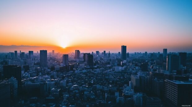 A serene view of a cityscape at twilight.