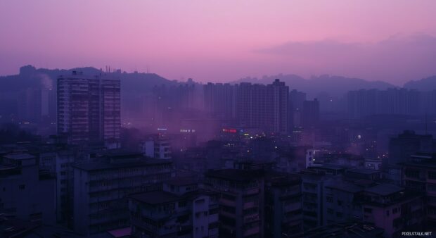 A serene view of a cityscape at twilight, with subtle silhouettes of buildings and a gradient sky.