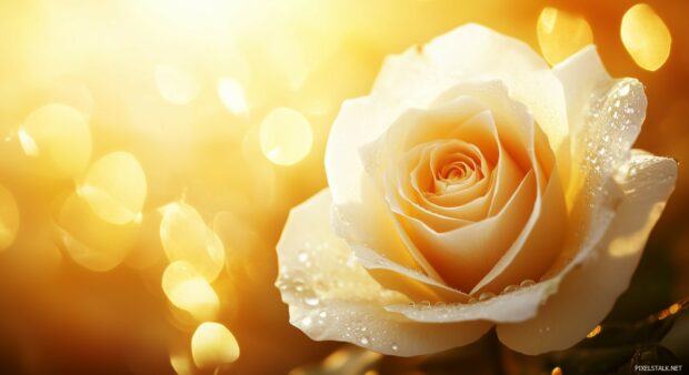 A serene white rose desktop wallpaper with delicate petals, illuminated by soft morning light.