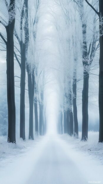 A serene winter forest 1080 x 1920 Wallpapers Vertical HD with snow laden trees, a tranquil path through the snow.