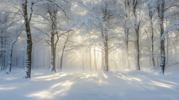 A serene winter forest covered in a blanket of fresh snow, with snow laden trees and a soft, ethereal light filtering through the branches.