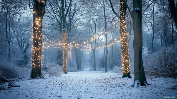 A serene winter forest with fairy lights wrapped around the trees.