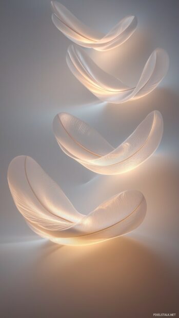 A series of floating 3D feathers, gently curved and illuminated by soft light.