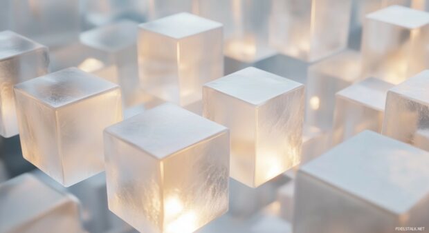 A series of floating, transparent 3D cubes arranged in a balanced pattern, softly illuminated to create a refined and abstract geometric composition.