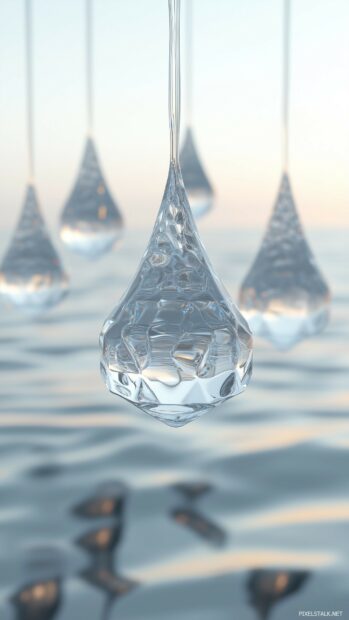 A series of interlocking 3D water droplets, suspended in mid air in a simple, clean design, with soft reflections and light creating a cool, modern look.