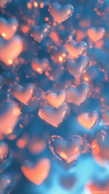 A series of small, beautiful 3D hearts softly glowing in a gradient background, arranged in a floating pattern for a simple, adorable design.