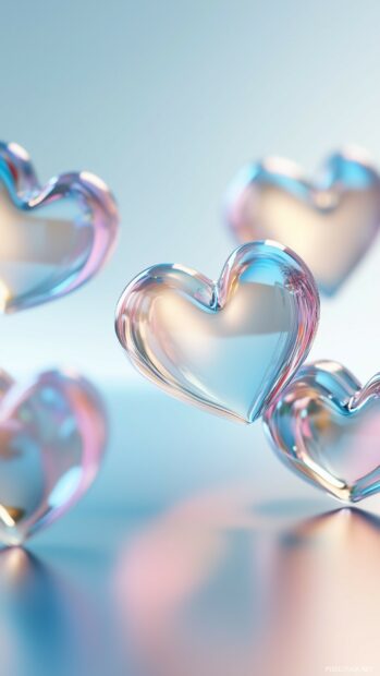 A series of small, floating 3D hearts in a gradient of soft colors.