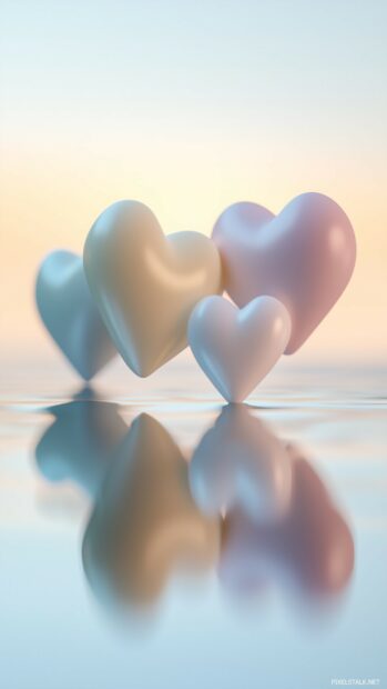 A series of small, floating 3D hearts in a gradient of soft colors, arranged in a delicate, whimsical pattern.