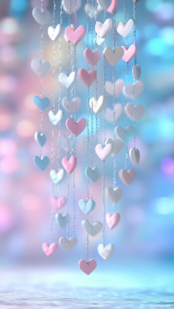 A series of small, floating 3D hearts in a gradient of soft colors, arranged in a delicate, whimsical pattern with gentle lighting and clean reflections.