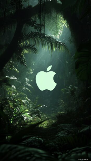 A shadowed Apple Logo emerging from a misty forest, surrounded by lush greenery.