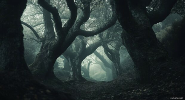 A shadowy black and white forest desktop wallpaper with dense, intertwining trees creating a deep and dark canopy.