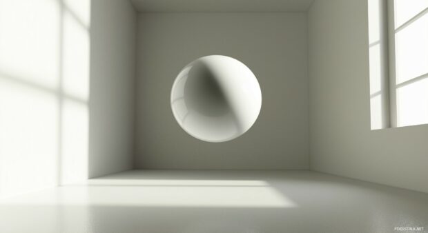 A simple 3D sphere floating in the center of a calm, neutral space.