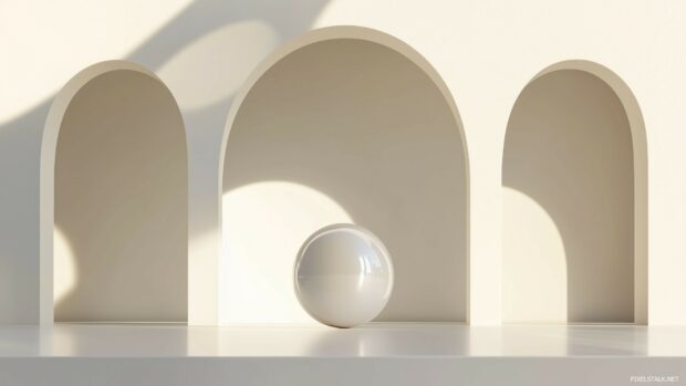 A simple 3D sphere floating in the center of a calm, neutral space, with soft lighting creating smooth, elegant shadows.