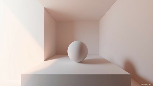 A simple 3D sphere floating in the center of a calm, neutral space, with soft lighting creating smooth, elegant shadows.