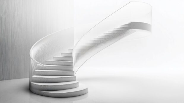 A simple 3D spiral staircase design with smooth, flowing lines and gentle curves, rendered in a soft monochrome palette.