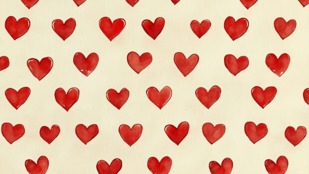 A simple 4K wallpaper of small, red hearts evenly spaced on a light beige background.