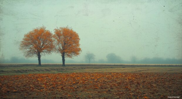 A simple Autumn tree wallpaper with a vintage color palette, faded orange trees and a misty horizon.