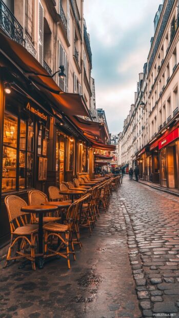 A simple City street wallpaper of classic Parisian architecture with charming cafés and cobblestone streets.