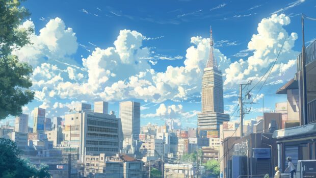 A simple anime cityscape desktop background featuring a few key landmarks with a soft, dreamy sky.