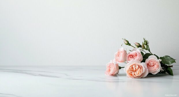 A simple bouquet of pink roses on a marble surface, with a clean, white background.