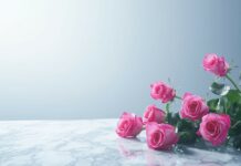 A simple bouquet of pink roses on a marble surface, with a clean, white background.