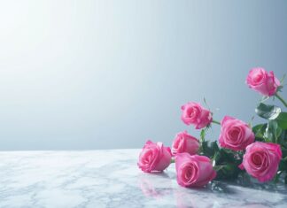 A simple bouquet of pink roses on a marble surface, with a clean, white background.