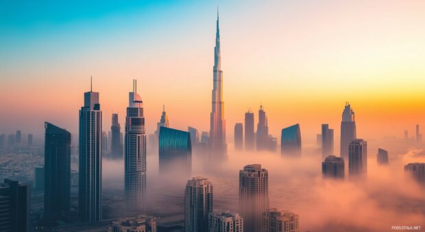 A simple cityscape desktop wallpaper with a few prominent skyscrapers and a soft gradient sky.