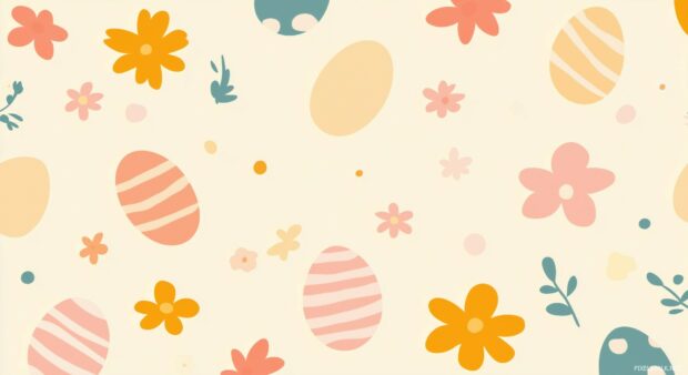 A simple, elegant Easter pattern with pastel colored eggs and flowers in a repeating tile design, soft lines, and clean vector art style.