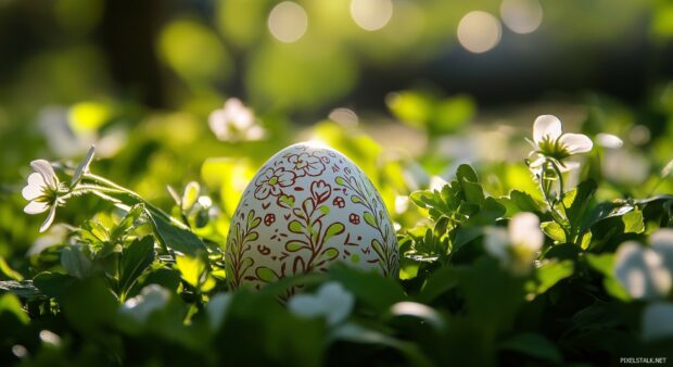 A single beautifully decorated Easter egg nestled in a bed of flowers and green leaves, soft lighting and bokeh.