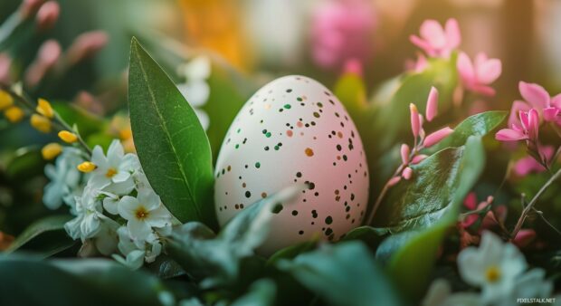 A single beautifully decorated Easter egg nestled in a bed of flowers and green leaves, soft lighting and bokeh.