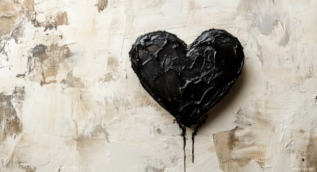 A single black heart placed off center on a pale beige background.