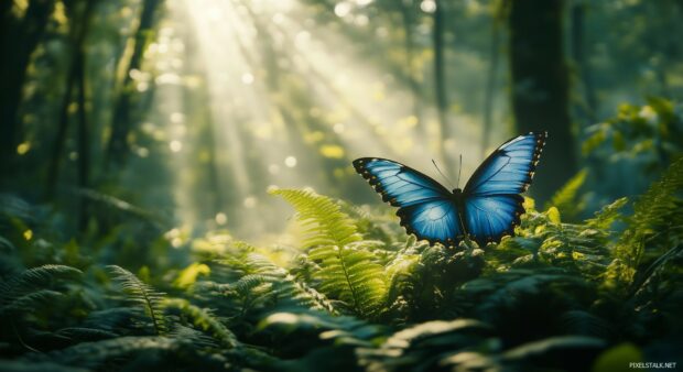 A single blue butterfly hovering above a pool of crystal clear water.