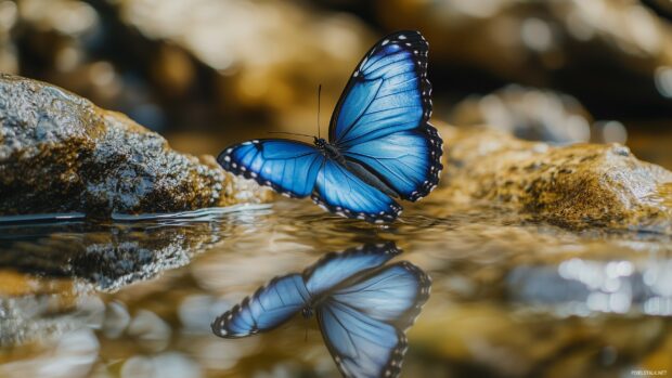 A single blue butterfly hovering above a pool of crystal clear water.