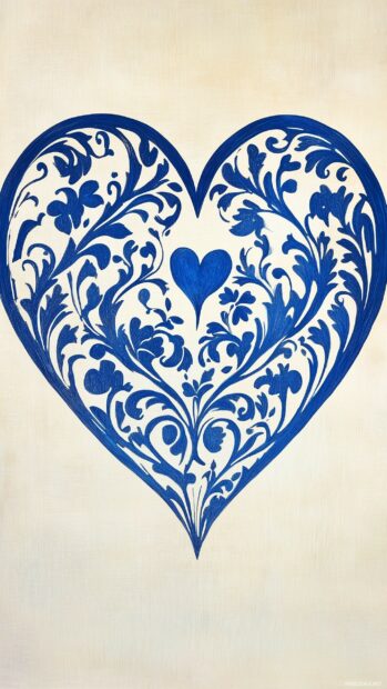 A single, bold blue heart with intricate floral designs etched into it.