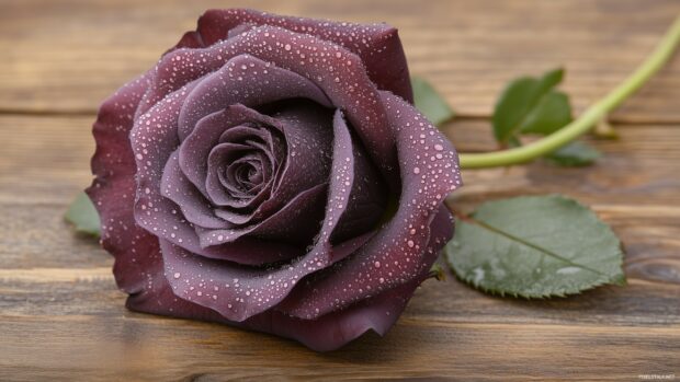 A single dark rose wallpaper with dew drops on its petals, placed on a rustic wooden surface.