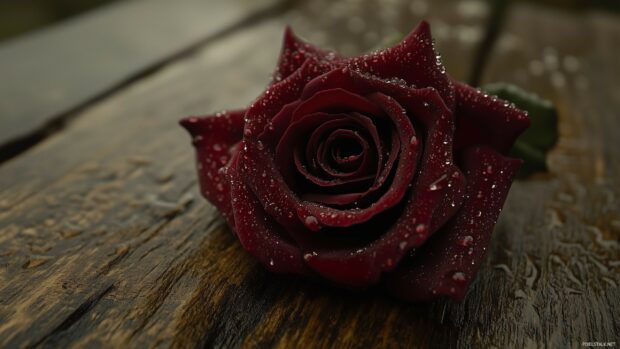 A single dark rose with dew drops on its petals, placed on a rustic wooden surface.