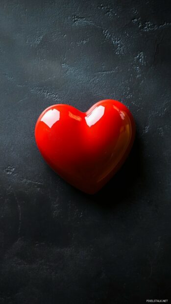 A single, glossy red heart in love set against a dark charcoal background.