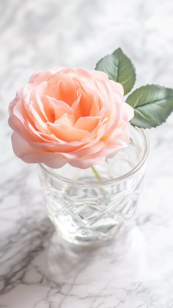 A single pink rose in a glass vase on a marble countertop, with soft shadows and light reflections adding depth and elegance.