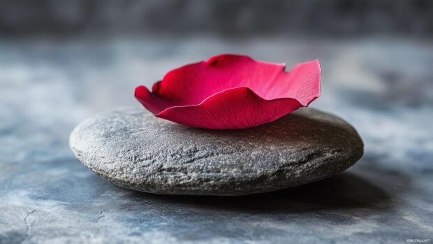 A single rose petal resting on a smooth stone surface, with soft natural lighting that highlights its delicate texture.