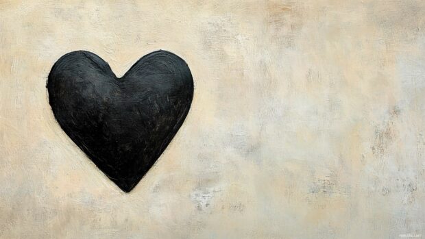 A single, textured black heart placed off center on a pale beige background, with subtle variations in the heart’s surface to add interest while maintaining simplicity.