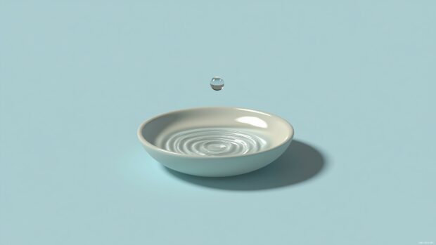 A single water droplet falling on a perfectly smooth surface with a light ripple effect, set on a pale blue background.