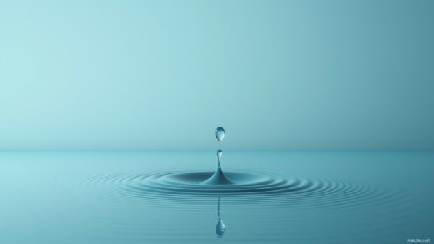 A single water droplet falling on a perfectly smooth surface with a light ripple effect, set on a pale blue background.