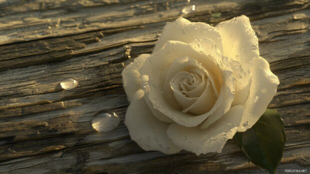 A single white rose wallpaper with a delicate drop of water on its petals, resting on a textured wooden surface.