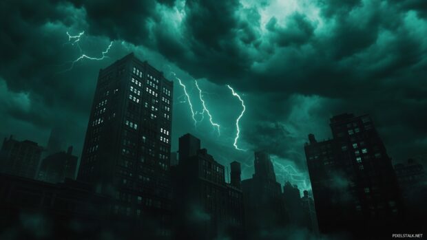 A skyline during a thunderstorm, with dark clouds swirling above tall buildings illuminated by lightning strikes.