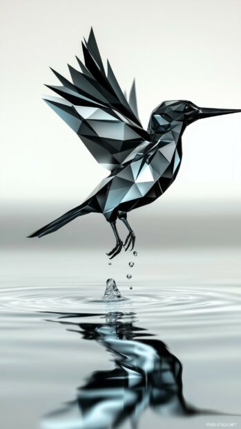 A sleek 3D bird in mid flight, formed by geometric shapes and suspended above a calm, reflective water surface, creating a balanced and serene composition.