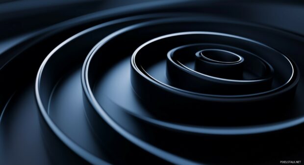 A sleek 3D black spiral gently rotating in a dark space.